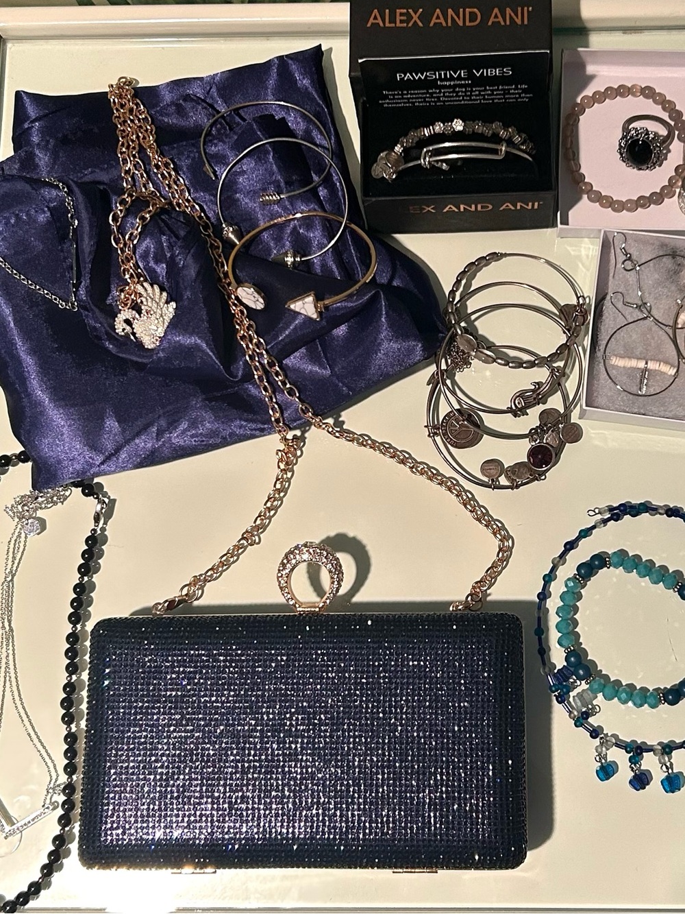 Bundle Evening Bag, Scarf, Alex & Ani  & Mixed Costume Jewelry Lot
